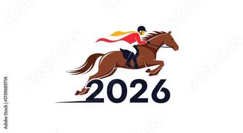 Equestrian horse jumping competition featuring athlete in celebratory attire with the year 2026.