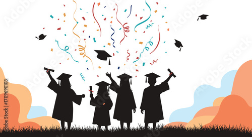 Graduation caps thrown in the air with confetti and diplomas celebration.