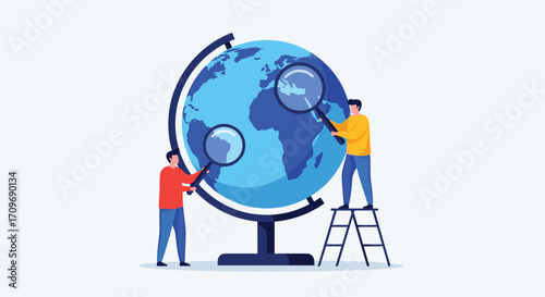 Global business strategy people examining world map globe magnifying glasses business concept