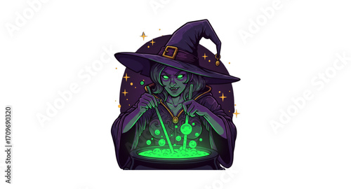 The witch stirs the magic potion.
