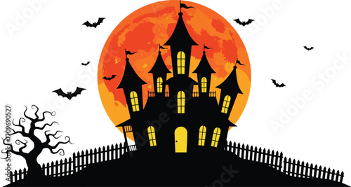 Spooky haunted house with glowing windows, creepy dead tree, flying bats, surrounded by picket fence and large orange full moon.