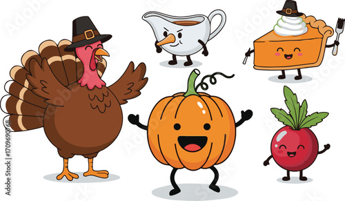 Cute thanksgiving characters turkey pie pumpkin gravy boat and beet with happy faces