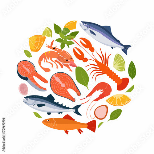 Fresh raw fish and seafood set. Shrimp, crab, squid, salmon and over fish products. Grocery market concept. Vector illustration.