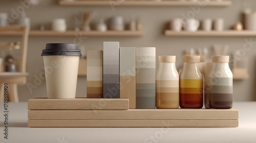 Beige-toned display of drinks & books
