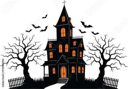 Spooky haunted house with glowing orange windows, creepy trees, flying bats, and Halloween night design perfect for scary vector illustrations.