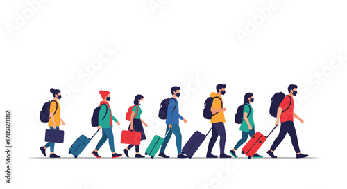 A diverse group of people wearing masks and carrying luggage walk in a line while traveling.