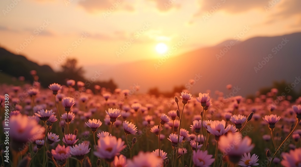 Naklejka premium A peaceful and serene sunrise over a field of flowers, with misty mountains in the background