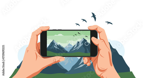 Person using a smartphone to capture a beautiful mountain landscape with birds flying in the sky.