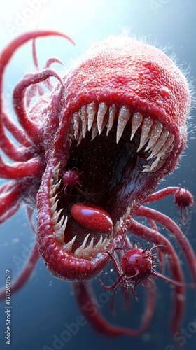 Detailed illustration of monstrous creature with sharp teeth and tentacles, showcasing vivid