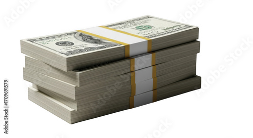 A tall stack of crisp us one hundred dollar bills bound with paper bands isolated on transparent background