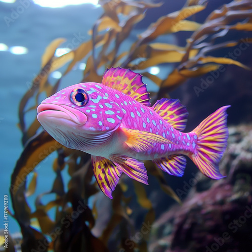 Vibrant fish with colorful patterns swimming gracefully through lush kelp forest