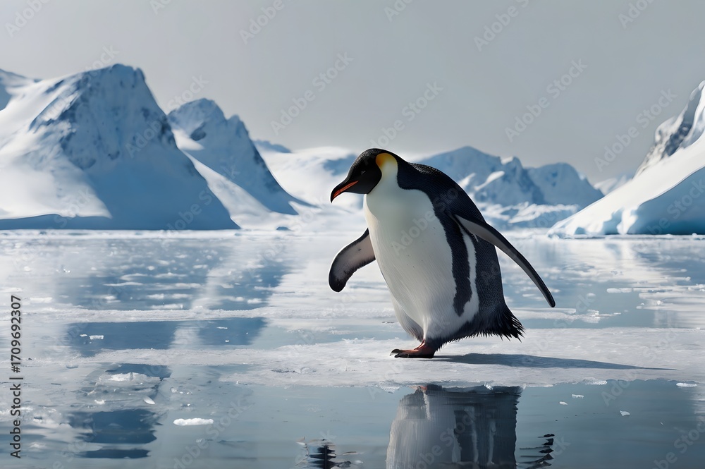Obraz premium Penguin Walking on Ice in Antarctic Landscape with Snowy Mountains