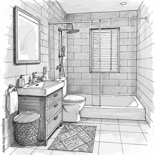 Detailed pencil sketch of a functional bathroom interior with shower-bath combo, sink, toilet, and window, realistic black and white drawing, home decor illustration.
