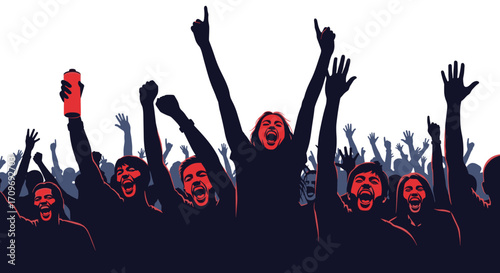 Crowd of people with hands raised in excitement and cheering during an event.