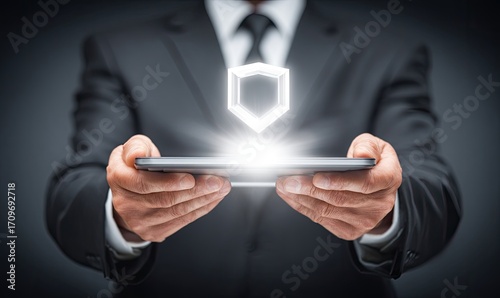 Wallpaper Mural Businessman holds tablet, security shield graphic appears Torontodigital.ca