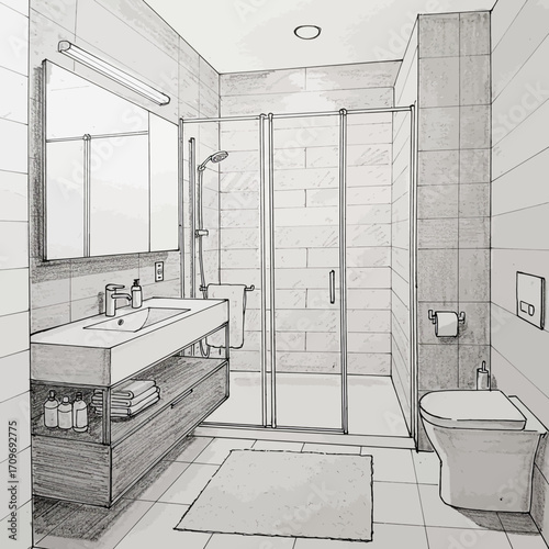 Detailed pencil sketch of a modern bathroom interior, walk-in shower, sink vanity, and toilet, realistic black and white drawing, home decor illustration.
