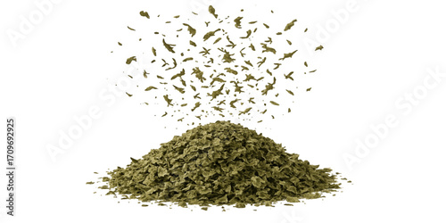 Dried organic buckwheat and green tea leaves are piled on a white background