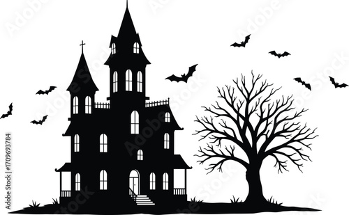 Spooky haunted mansion silhouette with bare tree, flying bats, eerie night scene, Halloween horror, gothic architecture vector illustration design.
