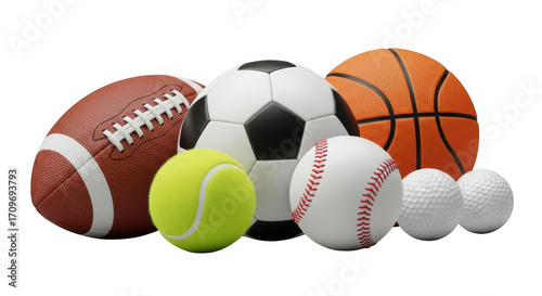 Collection of various sports balls including football basketball soccer baseball and tennis isolated on transparent background