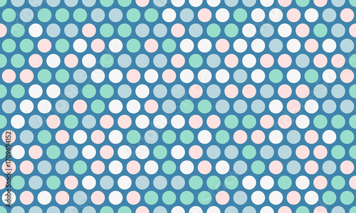 Pastel polka dot pattern.  A cheerful, repeating design featuring soft pink, mint green, and light blue circles on a navy background. Ideal for website backgrounds, textiles, packaging, and more.