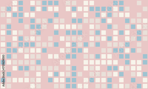 Abstract pastel pink, blue, and beige square pixel pattern.  Modern geometric design ideal for website backgrounds, textiles, or social media.