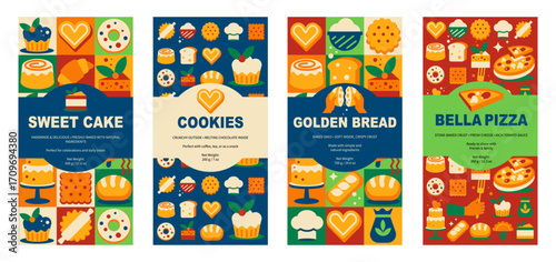 Retro geometrical Bakery Labels Set. Cake, Pizza, Bread, Cookies