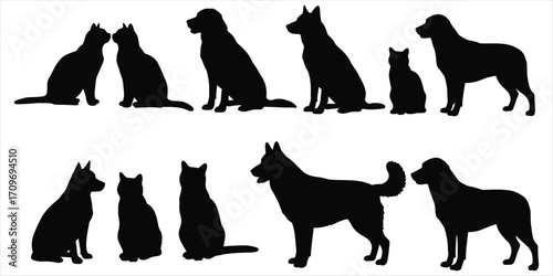 Collection of black cat and dog silhouettes interacting and posing on white background Keywords: cat, dog, silhouette, animal