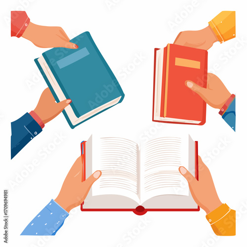 Characters hands holding closed and opened paper books. Literature, library, books exchange and book crossing concept. Vector illustration.