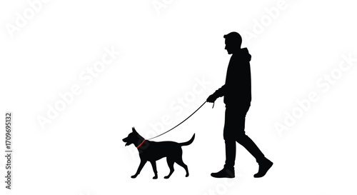 A person walking a dog on a leash on a white background silhouette.