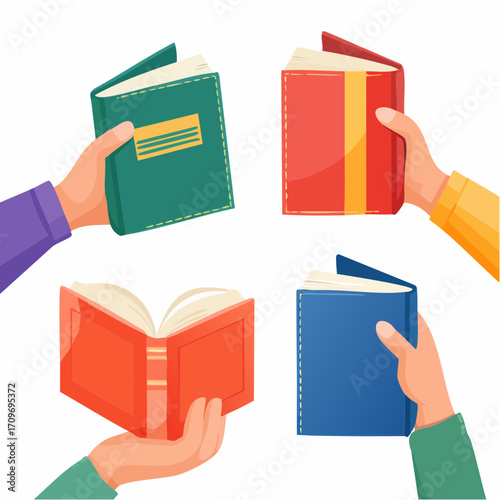 Characters hands holding closed and opened paper books. Literature, library, books exchange and book crossing concept. Vector illustration.