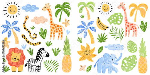 Cute cartoon jungle animals and tropical elements in a whimsical hand drawn style
