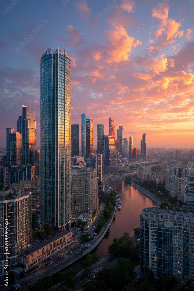 Fototapeta premium Modern skyline reflecting sunset colors with a scenic river view