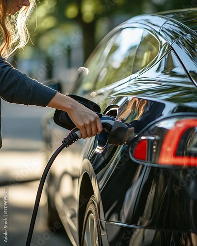 Woman conveniently charges electric car at home embracing sustainable modern lifestyle and green energy future outdoors, Generative AI.