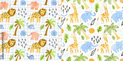 Cute hand drawn safari animals and tropical leaves seamless pattern for kids