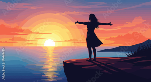 A lone woman stands on a cliff at sunset with her arms open wide.