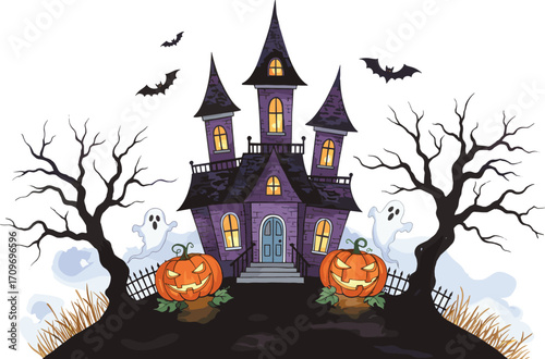 Spooky haunted purple castle with glowing windows, carved pumpkins, flying bats, ghostly figures, bare trees, eerie atmosphere Halloween vector design.