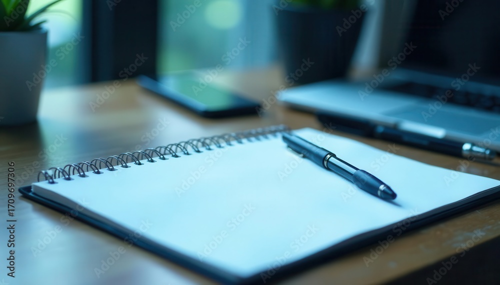 Fototapeta premium Blue toned office desk, notepad, pen; meeting prep , top view, office supplies, table
