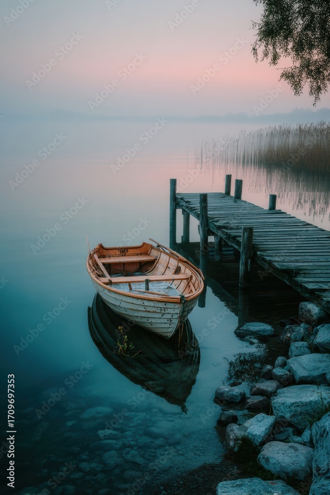 Obraz premium Tranquil lakeside morning with boat and dock amid misty calm