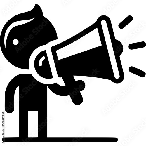 Mega Announcement Icon: Silhouette figure with a megaphone, a powerful visual metaphor for communication, marketing, and proclamation, rendered in clean, simple lines.
