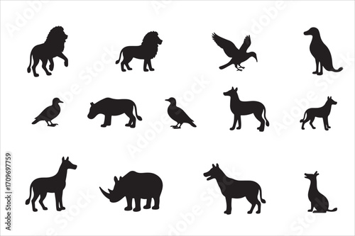 Silhouette of Diverse Animals Lion, Bird, Rhinoceros, Hyena & More