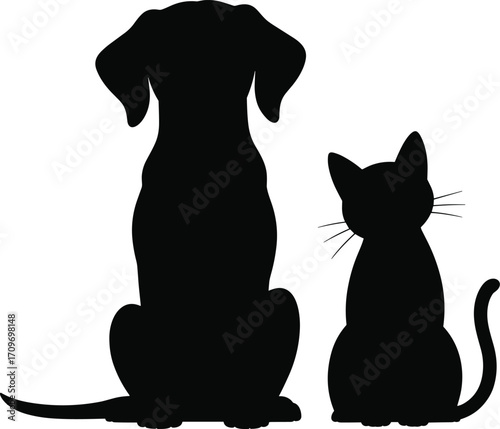 Silhouette of a large dog sitting next to a small cat on a white background animal
