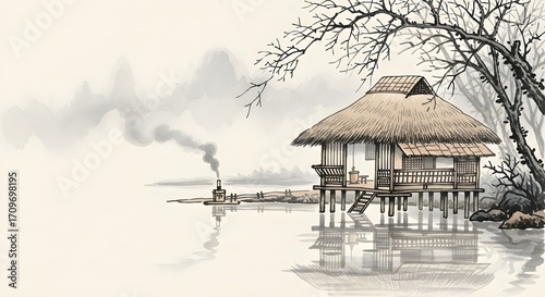 Peaceful Lakeside Bamboo Hut in Traditional Asian Ink Style
