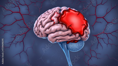 Illustration of subarachnoid hemorrhage with surrounding brain damage, hemorrhagic stroke, neuroscience