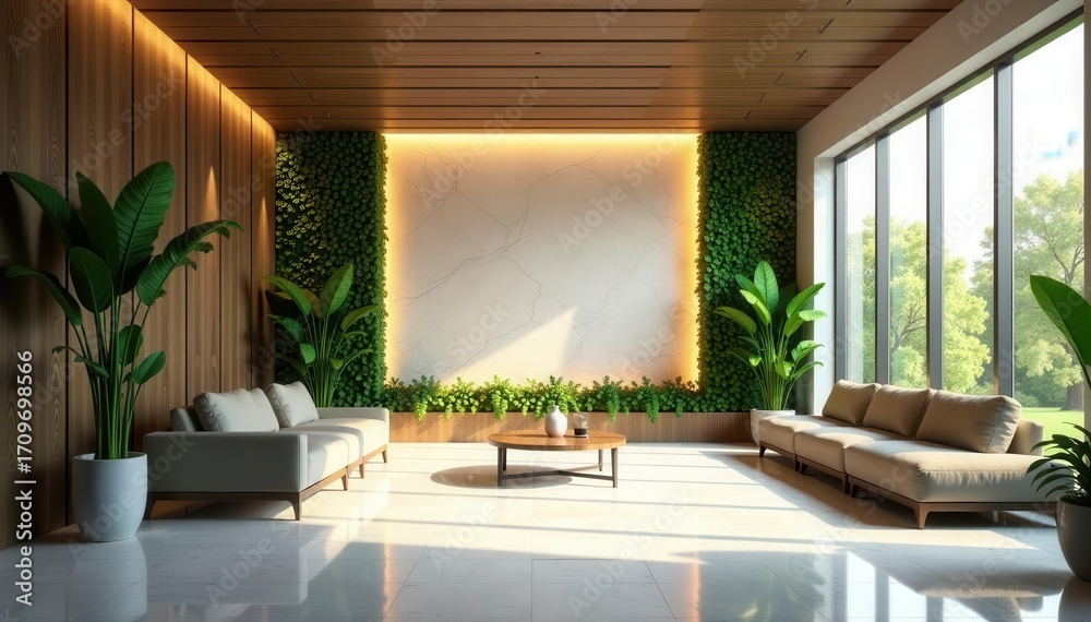 Fototapeta premium Contemporary reception, backlit wall, greenery, panoramic windows , skyline, professional, green