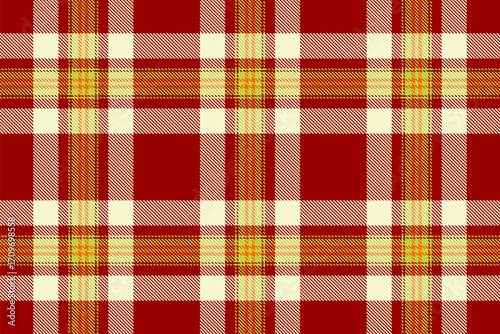 Classic plaid pattern in red, cream and yellow. Warm, inviting design for backgrounds, textiles, and festive projects. Adds a touch of traditional elegance.