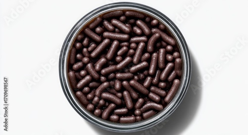 Dark chocolate sprinkles in a clear bowl