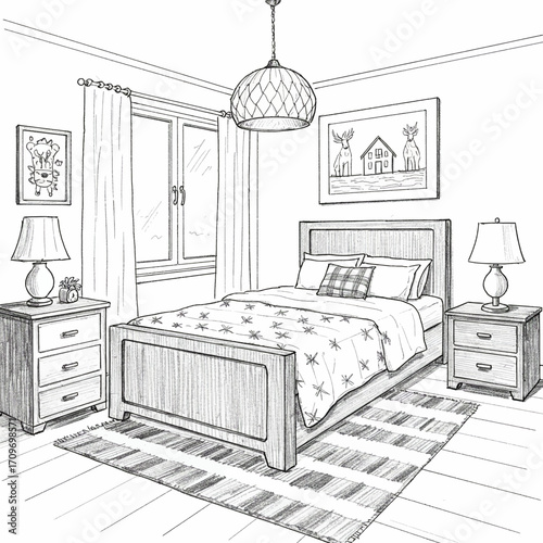 Detailed pencil sketch of a cozy bedroom interior, realistic black and white drawing, furniture, bed, nightstands, and window view illustration.
