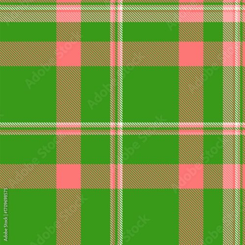 Vibrant plaid pattern. Classic tartan texture in green, gold, pink and white. Ideal for backgrounds, textiles, crafts, or wrapping paper. Festive, timeless design.
