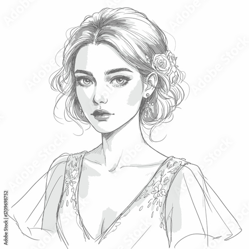 Romantic pencil sketch portrait of a woman in an elegant dress with floral hair accessory, realistic black and white drawing, graceful and beautiful illustration.
