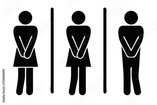 male and female restroom icon. Funny toilet couple symbol, desperate pee Girls and boy wc icon, fun bathroom door signs, humor public washroom , vector illustration